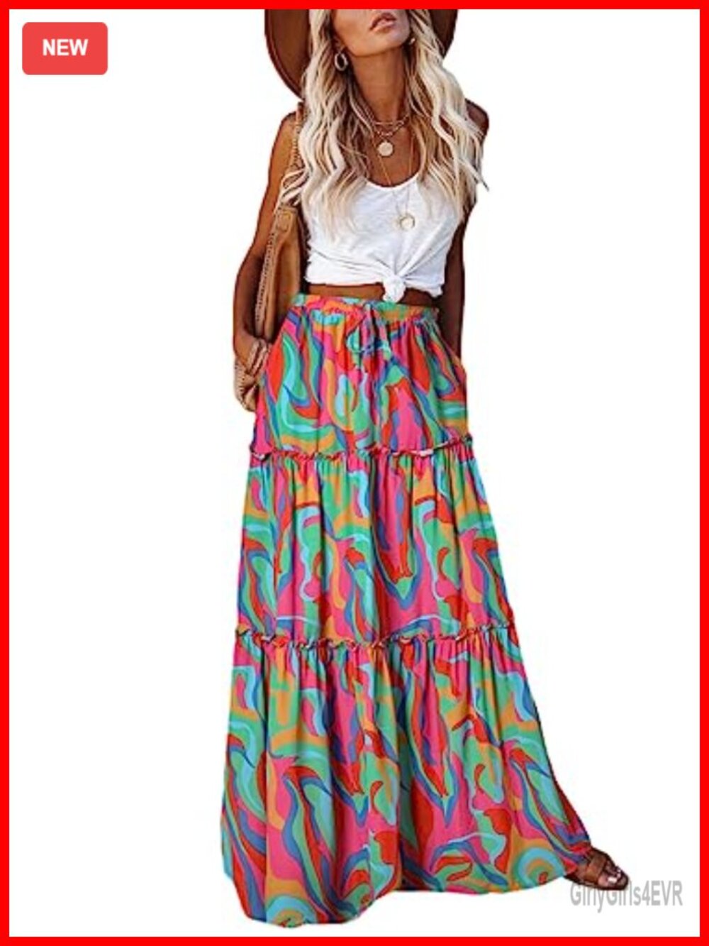 Womens Boho Maxi Skirt High Waist Tie Flowy Long Skirt with Pockets